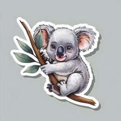 Adorable Koala Baby on Branch, Cute Wildlife Sticker Design. Generative AI