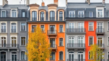 Obraz premium Colorful row houses, European architecture, autumn street scene, vibrant facades, dormer windows, arched doorways, wrought iron balconies, fall foliage trees, cobblestone street, charming neighborhood