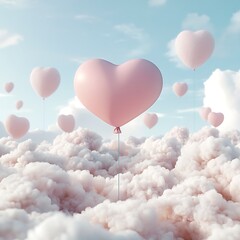 Surreal Valentine's Day Dream: Pink Heart Balloon Amid Cotton Candy Clouds
