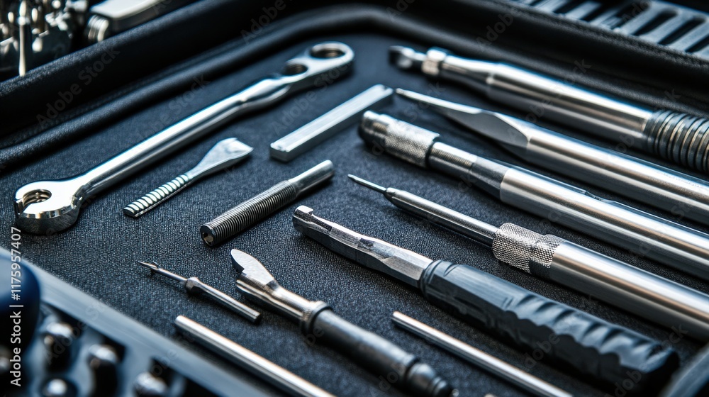 Poster collection of various hand tools and precision instruments organized neatly in a black tool case for