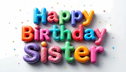 Fototapeta premium Happy Birthday Sister 3D HD image for wishing in vibrant colors, candles, balloons, confetti, cake, and digital background for the birthday celebration. isolated on white background.
