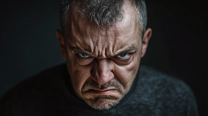 Fototapeta premium Furious and angry man displaying an aggressive and mad expression, rage in a studio portrait, irritated emotions of stress, frustration, and unhappiness while upset, crazy, fight.