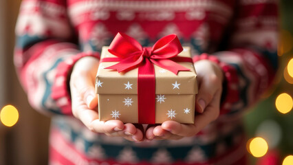 Woman holding christmas gift box with red ribbon and bokeh lights