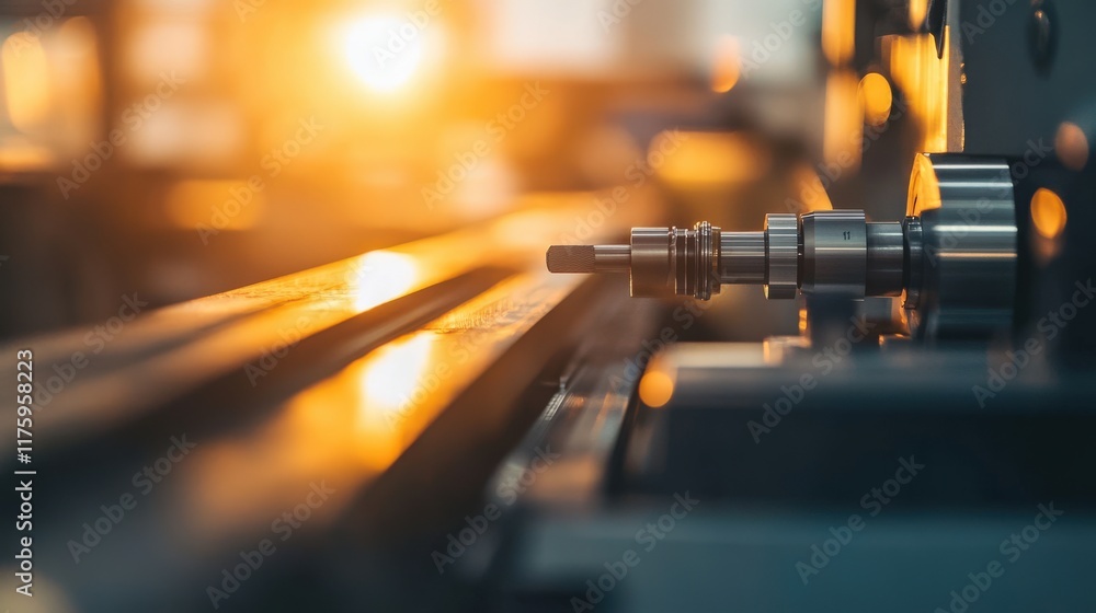 Poster close-up view of precision metalworking machinery in a modern industrial workshop with warm lighting