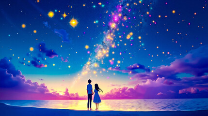 Obraz premium A couple standing on a beach looking at the stars in the sky