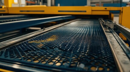 Close-up View of a Metal Grating Production Line with High-Tech Machinery in an Industrial Setting Featuring Yellow and Blue Color Scheme