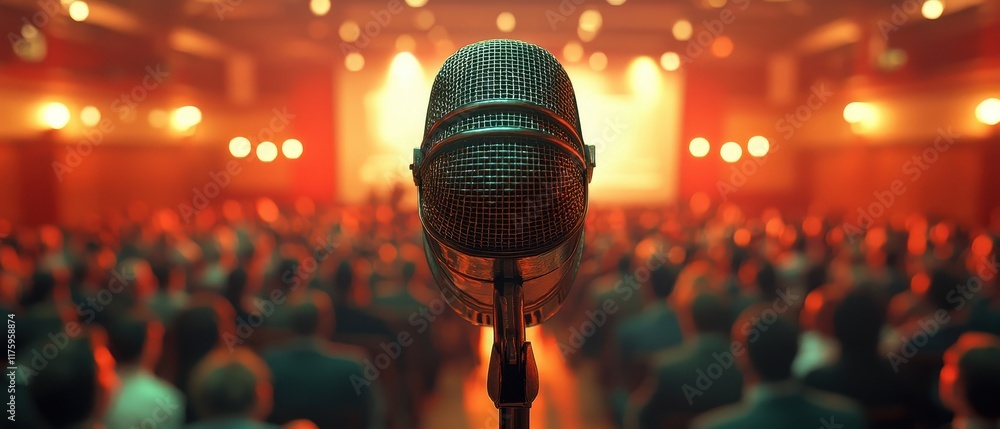 Poster close-up of microphone in focus with blurred audience in background at vibrant event or performance 
