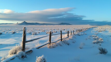 Snow-covered fence stretches across a serene winter landscape with rolling hills and a clear blue sky