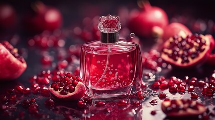 perfume bottle surrounded by pomegranate seeds, ruby-red fruit slices, and glistening water droplets under soft lighting