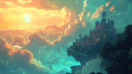 Fantasy Castle on Cliff Above Clouds with Magical Sunset and Dreamlike Sky in Mystical World