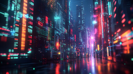 Obraz premium Science fiction cityscape with tall buildings and neon signs