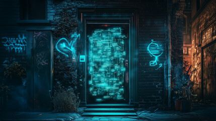 A secret door in an urban alleyway, covered with glowing, encrypted graffiti and ominous patterns