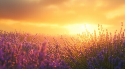 lavender field at sunset, with golden light bathing the blooming purple flowers and the air filled with a dreamy haze