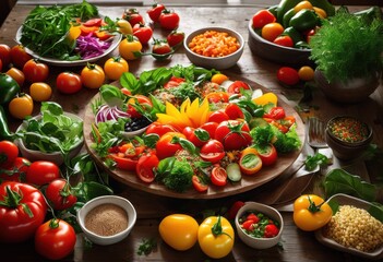 brightly colored plant based meal arrangement wooden table surrounded natural light fresh ingredients healthy dining experience, colorful, vegetables