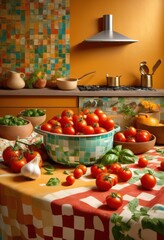 dynamic scene ingredients mid air lively colorful kitchen background playful visual elements, backdrop, vibrant, vegetables, fruits, herbs, spices