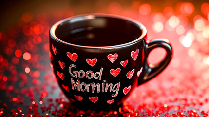 A black coffee cup with red hearts on it sitting on a table