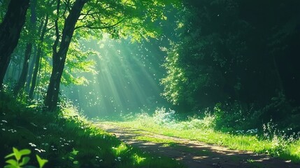 Obraz premium Sunlit path winding through a vibrant and lush green summer forest filled with life and warmth