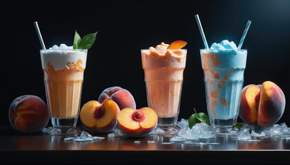 Refreshing fruit drinks made with peaches presented on a dark table with ice