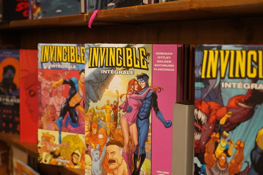 paris, FRance ,12 12 2024 : huge collection of  comics on sale in the bookstore, Invincible