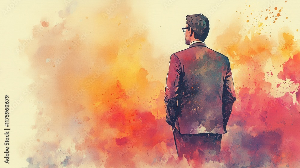 Poster individual in business suit standing against abstract colorful background with soft texture and arti