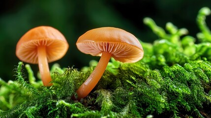 Fototapeta premium Orange mushrooms sprouting on vibrant green moss in a damp forest environment