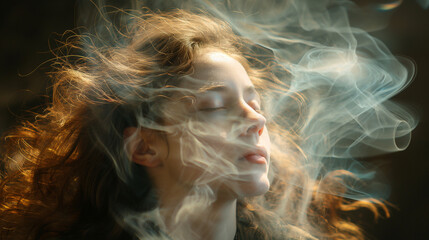 Obraz premium Woman with ethereal smoke, suggestive of mystical experiences.