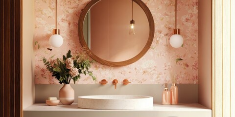 Elegant bathroom interior, round mirror, pink textured wallpaper, white sink, pendant lights, floral arrangement, warm lighting, modern design, polka dot pattern, golden accents, minimalist aesthetic,