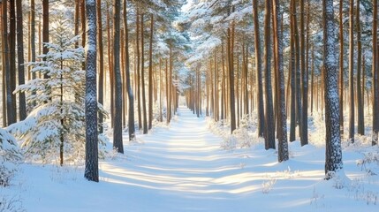 Naklejka premium Winter Forest Pathway - A Stunning Snowy Landscape