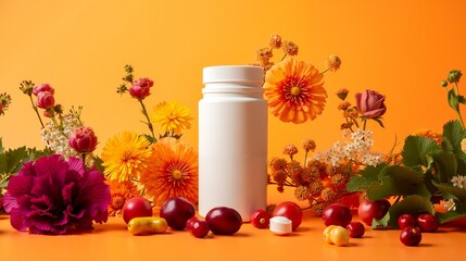 A bottle of pills surrounded by flowers and fruits
