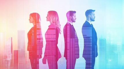 Professional Team Silhouette with Cityscape Background in Vibrant Colors for Business Concept