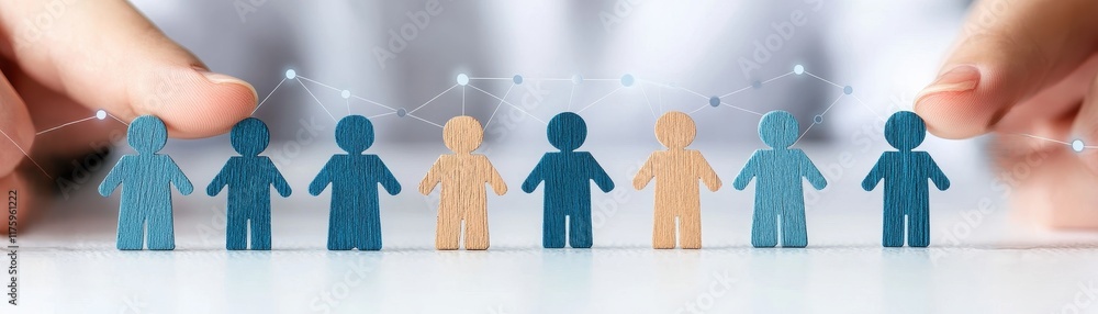 Poster hands holding colorful wooden figures with digital connection, symbolizing teamwork and networking c