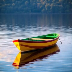Naklejka premium Colorful rowboat on a tranquil lake.