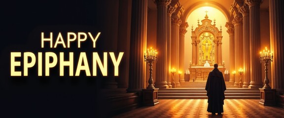Church interior with altar, candles, and "Happy Epiphany" text.Sacred moment. Light of faith. Spiritual celebration.Epiphany church decor. Religious event banner. Worship ambiance.


