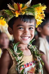 Yap Day Joyful child in traditional floral attire celebrating cultural festivity
