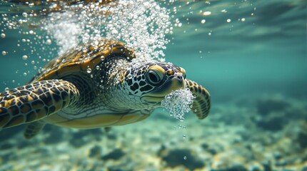 Fototapeta premium Sous la surface de l’eau turquoise, une tortue nage avec élégance, entourée de coraux colorés et de poissons scintillants.