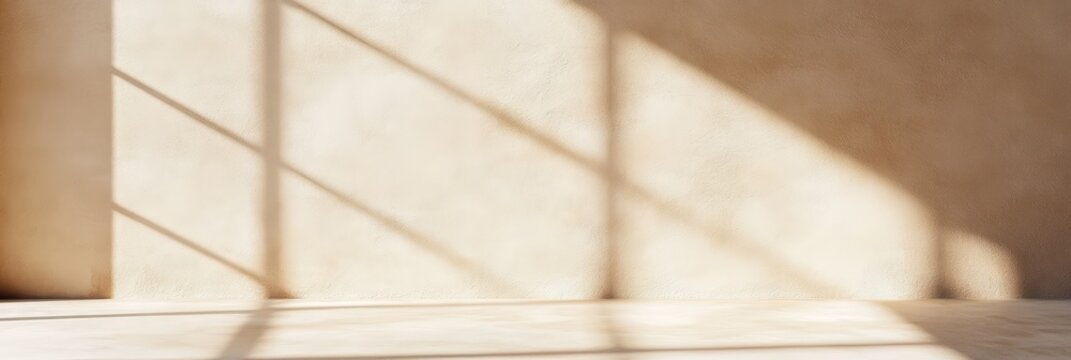 Sunlight streaming through a window creates an abstract pattern of shadows on the wall and floor of an empty, beige room, offering a versatile backdrop for various design projects