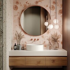 Elegant bathroom interior, round mirror, pink textured wallpaper, white sink, pendant lights, floral arrangement, warm lighting, modern design, polka dot pattern, golden accents, minimalist aesthetic,