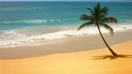 Obraz premium Gentle waves wash ashore on a pristine golden beach, where a solitary palm tree leans gracefully, creating a tranquil and idyllic tropical paradise scene