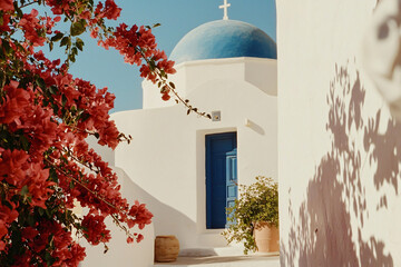 greek island doorway, classic blue dome, whitewashed walls, bougainvillea flowers
