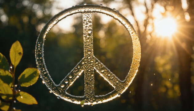 Creative use of a peace symbol formed by water droplets against a natural backdrop during golden hour in a tranquil outdoor setting