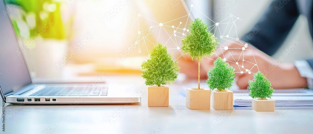 Wall mural Green plants in small pots on desk with laptop and hand gestures symbolizing technology and growth concepts