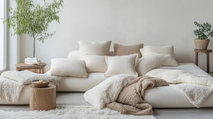 National Decorating Month Cozy minimalist living room interior with fluffy textures and natural light