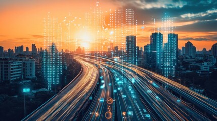 Smart city sunset highway with digital data overlay.