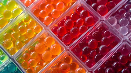 Close-up shot of assorted candies arranged in neat rows inside transparent plastic boxes, vibrant and clear