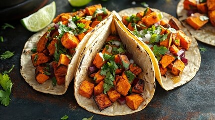 Delicious roasted sweet potato tacos with fresh cilantro and lime for a flavorful vegetarian meal