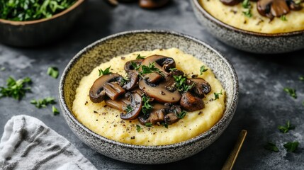 Delicious creamy polenta topped with sauteed mushrooms and fresh herbs for a cozy autumn meal