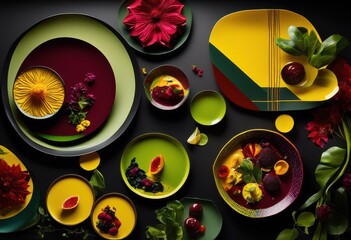 colorful display gourmet dishes bold backdrops culinary pageant merging bright hues textures, appetizer, dessert, food, cuisine, plating, presentation