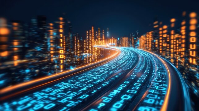Abstract digital highway with glowing binary code, representing fast data transfer and technological advancement.