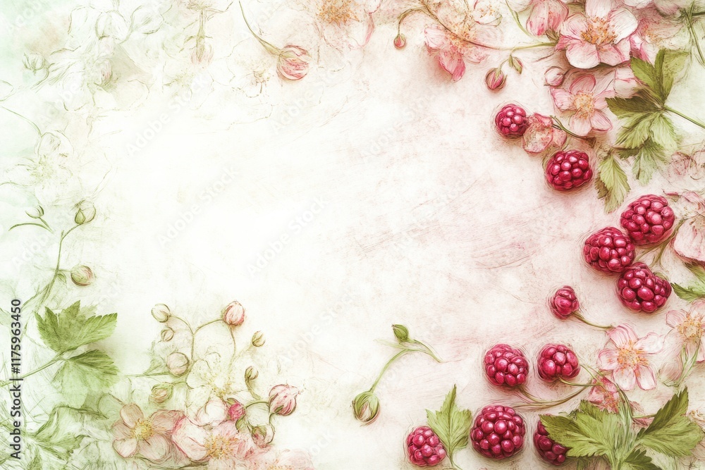 Aufkleber hand drawn doodle featuring fresh raspberries and delicate flowers on a soft background perfect for 