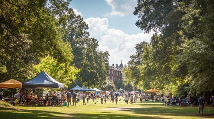 Oglethorpe Day Oglethorpe day celebration in a lush green park with tents and people gathered